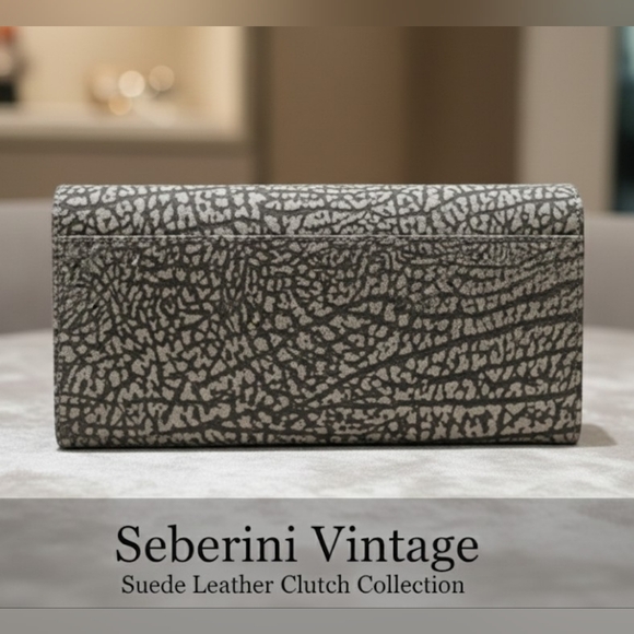 Seberini Vintage Suede Leather Texture Grey Clutch Gold Hardware Accent